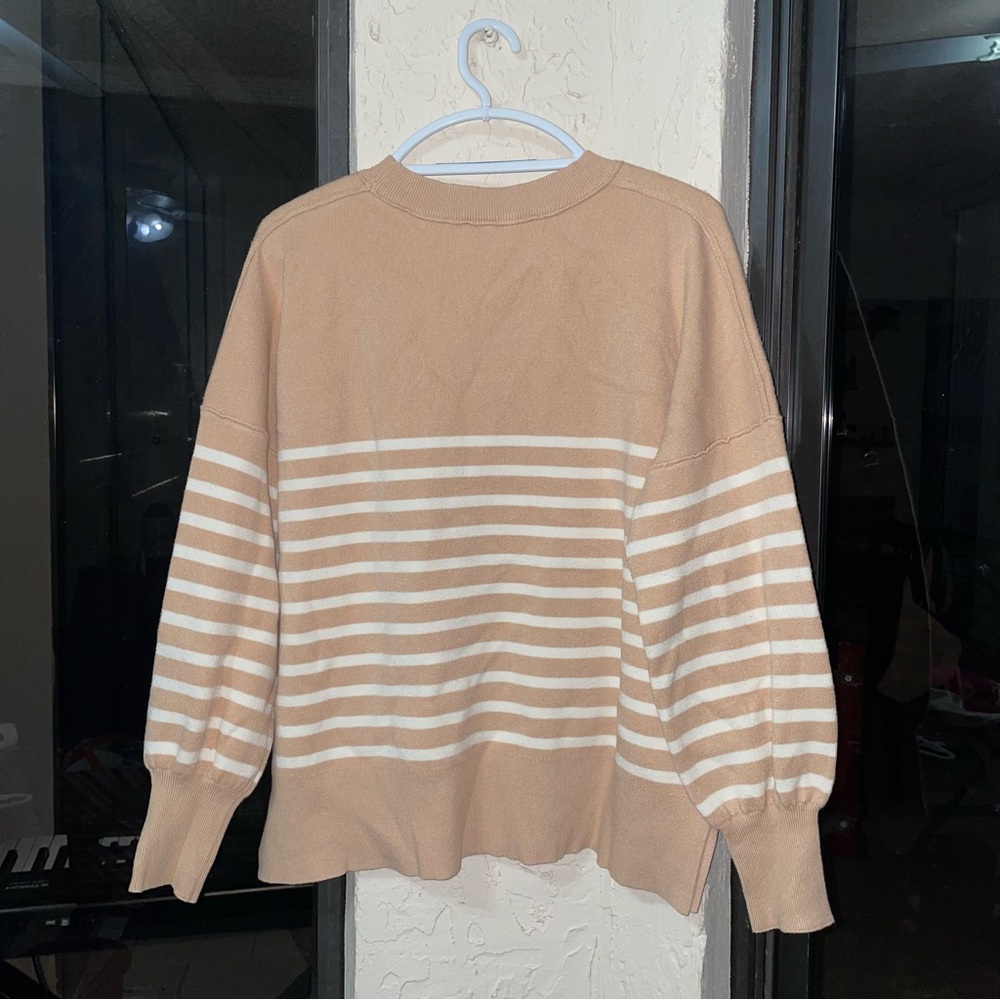 Elegant Tan and White Striped Women's Sweater - Picture 3 of 6